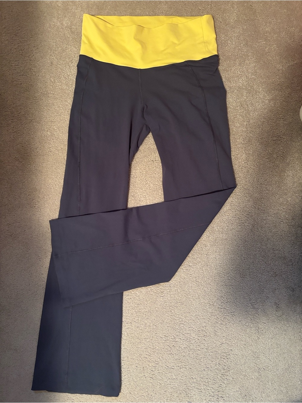 bebe Grey Flare Yoga Pants with Yellow Fold-Over Waistband